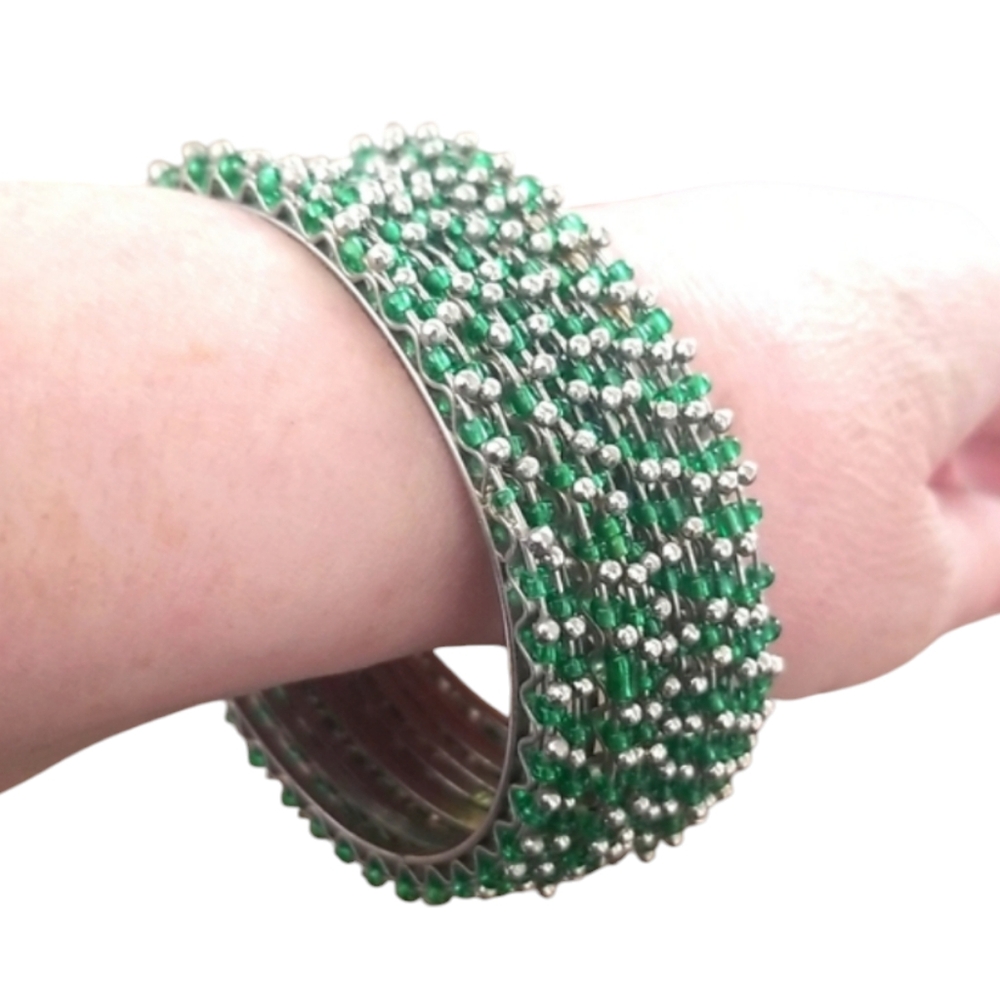 BOHO Silver & Green Ten Stud Stone Wired Bangle Bracelets